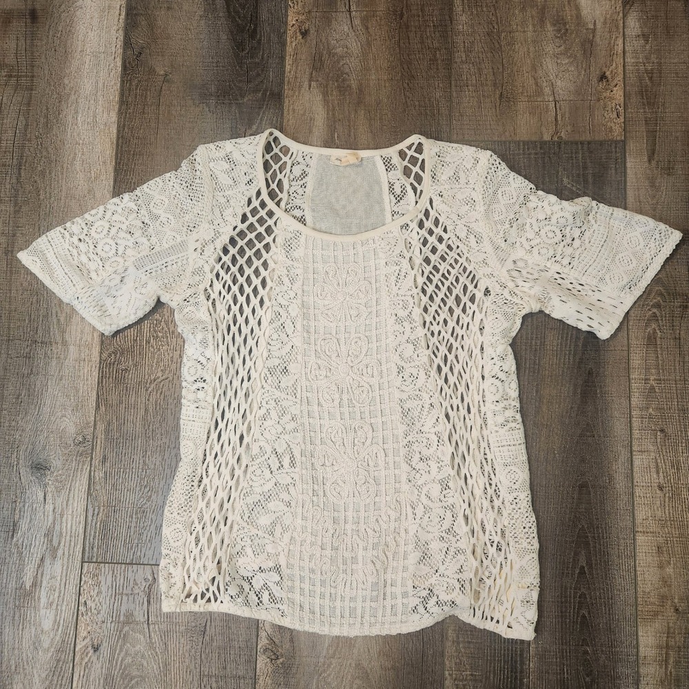 Meadow Rue Anthropologie Lace Top Womens Medium Cream Excellent Boho Mesh Floral